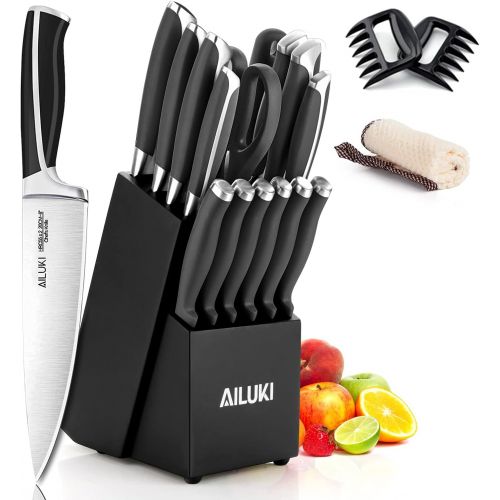  AILUKI Knife Set,18 Piece Kitchen Knife Set with Black Block Wooden and Sharpener, Professional High Carbon German Stainless Steel Chef Knife Set, Ultra Sharp Full Tang Forged Black Knive