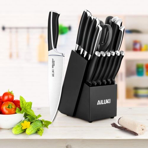  AILUKI Knife Set,18 Piece Kitchen Knife Set with Black Block Wooden and Sharpener, Professional High Carbon German Stainless Steel Chef Knife Set, Ultra Sharp Full Tang Forged Black Knive