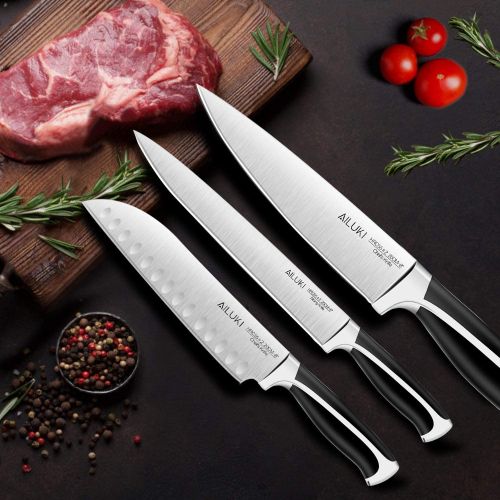  AILUKI Knife Set,18 Piece Kitchen Knife Set with Black Block Wooden and Sharpener, Professional High Carbon German Stainless Steel Chef Knife Set, Ultra Sharp Full Tang Forged Black Knive