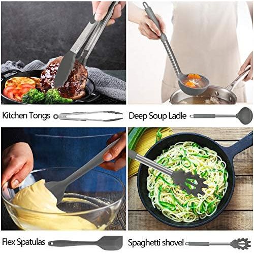  Silicone Cooking Utensil Set, AILUKI Kitchen Utensils 17 Pcs Cooking Utensils Set,Non-stick Heat Resistant Silicone,Cookware with Stainless Steel Handle - Grey: Kitchen & Dining