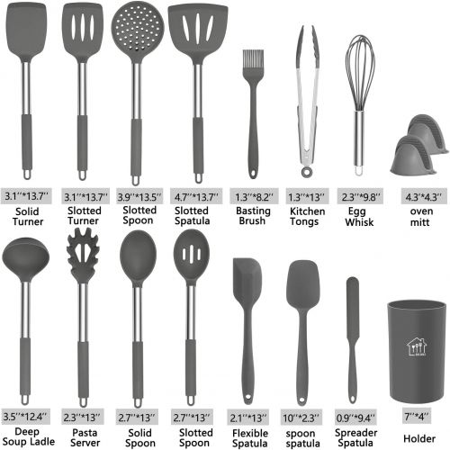  Silicone Cooking Utensil Set, AILUKI Kitchen Utensils 17 Pcs Cooking Utensils Set,Non-stick Heat Resistant Silicone,Cookware with Stainless Steel Handle - Grey: Kitchen & Dining