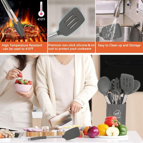  Silicone Cooking Utensil Set, AILUKI Kitchen Utensils 17 Pcs Cooking Utensils Set,Non-stick Heat Resistant Silicone,Cookware with Stainless Steel Handle - Grey: Kitchen & Dining