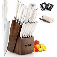 AILUKI Knife Set,18 Piece Kitchen Knife Set with Block Wooden and Sharpener, Professional High Carbon German Stainless Steel Chef Knife Set, Ultra Sharp Full Tang Forged White Knives Set