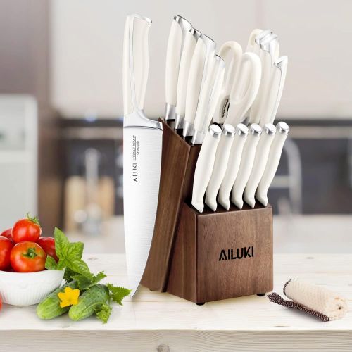  AILUKI Knife Set,18 Piece Kitchen Knife Set with Block Wooden and Sharpener, Professional High Carbon German Stainless Steel Chef Knife Set, Ultra Sharp Full Tang Forged White Knives Set