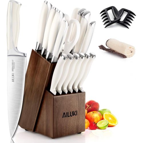  AILUKI Knife Set,18 Piece Kitchen Knife Set with Block Wooden and Sharpener, Professional High Carbon German Stainless Steel Chef Knife Set, Ultra Sharp Full Tang Forged White Knives Set