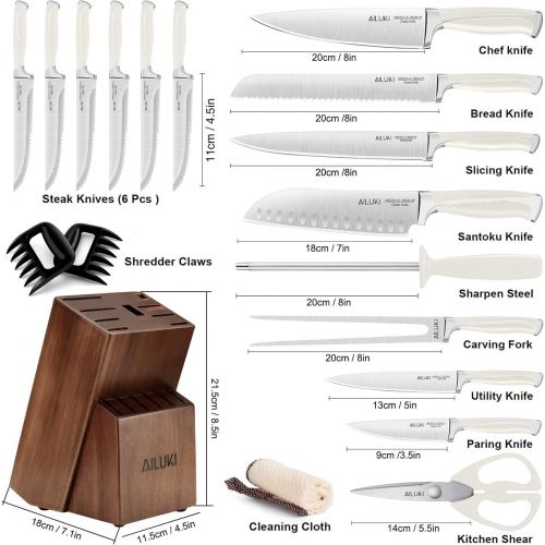  AILUKI Knife Set,18 Piece Kitchen Knife Set with Block Wooden and Sharpener, Professional High Carbon German Stainless Steel Chef Knife Set, Ultra Sharp Full Tang Forged White Knives Set