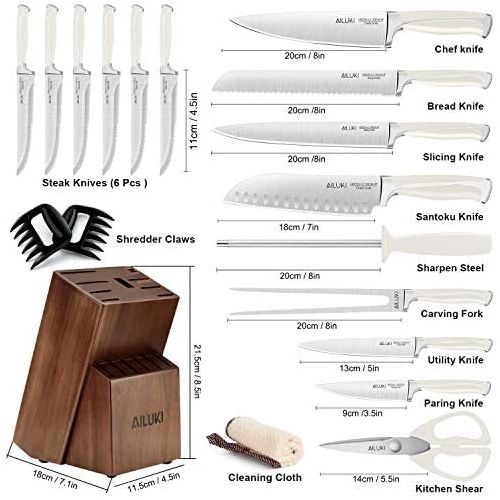  [아마존베스트]AILUKI Knife Set,18 Piece Kitchen Knife Set with Block Wooden and Sharpener, Professional High Carbon German Stainless Steel Chef Knife Set, Ultra Sharp Full Tang Forged White Knives Set