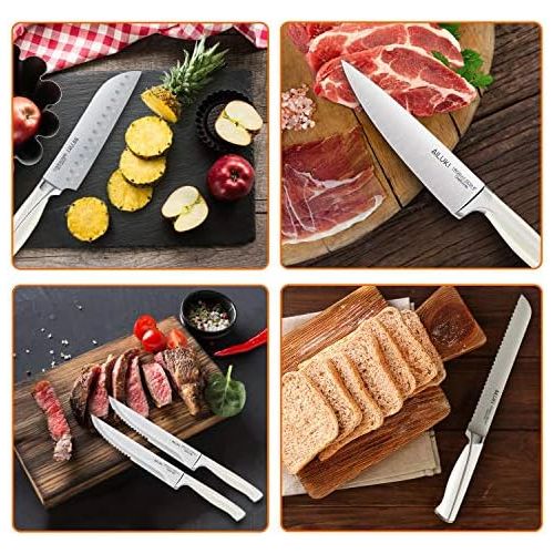  [아마존베스트]AILUKI Knife Set,18 Piece Kitchen Knife Set with Block Wooden and Sharpener, Professional High Carbon German Stainless Steel Chef Knife Set, Ultra Sharp Full Tang Forged White Knives Set