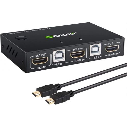  [아마존베스트]AIMOS KVM Switch HDMI 2 Port Box, Share 2 Computers with one Keyboard Mouse and one HD Monitor, Support Wireless Keyboard and Mouse Connections, HUD 4K (3840x2160) Supported