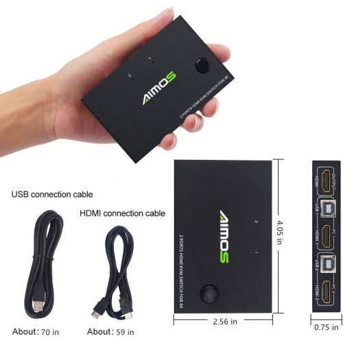  [아마존베스트]AIMOS KVM Switch HDMI 2 Port Box, Share 2 Computers with one Keyboard Mouse and one HD Monitor, Support Wireless Keyboard and Mouse Connections, HUD 4K (3840x2160) Supported