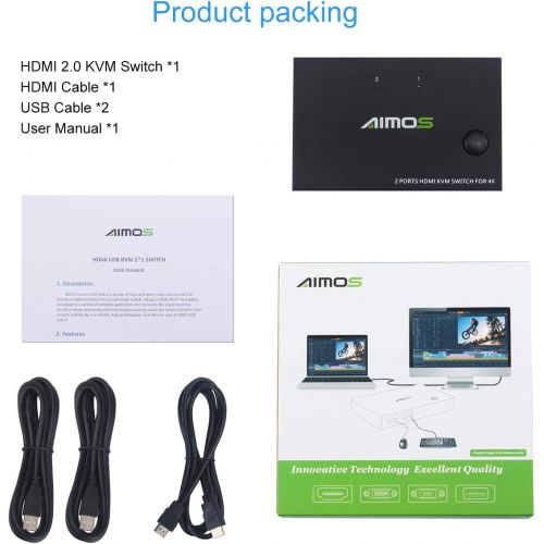  [아마존베스트]AIMOS KVM Switch HDMI 2 Port Box, Share 2 Computers with one Keyboard Mouse and one HD Monitor, Support Wireless Keyboard and Mouse Connections, HUD 4K (3840x2160) Supported