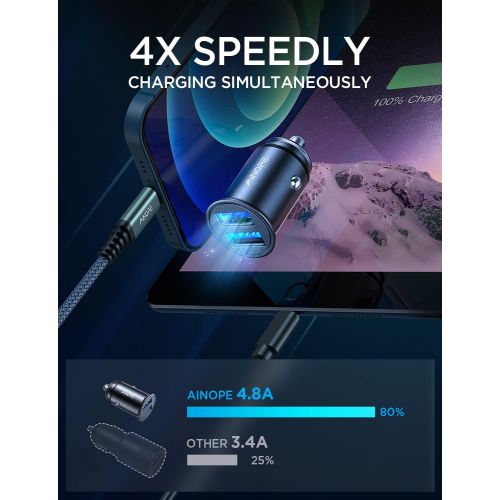  [아마존베스트]Car Charger, AINOPE 4.8A All Metal Car Charger Adapter Mini Flush Fit USB Car Charger Dual Port Charging Compatible with iPhone 12/11 pro/XR/x/7/6s, iPad Air 2/Mini 3, Note 9/Galax