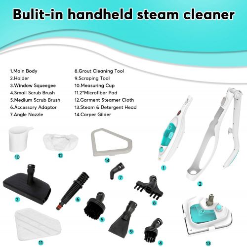  [아마존베스트]AIPER Steam Mop 14 in 1 Multifunctional Detachable Handheld Steam Cleaner for Hardwood, Tiles, Grout, Carpet, Cleaning Machine Steamer for Home, Kitchen, Garment with 2pcs Mop Pads