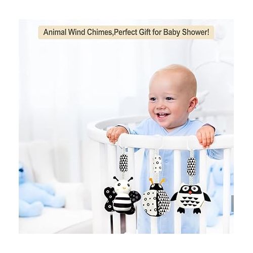  AIPINQI 3 Pack Hanging Rattle Toys,High Contrast Baby Toys and Plush Stroller Toys for Babies 0-18 Months,Newborn Car Seat Toys with Black and White Cartoon Shapes,(Ladybug,Bee & Owl)