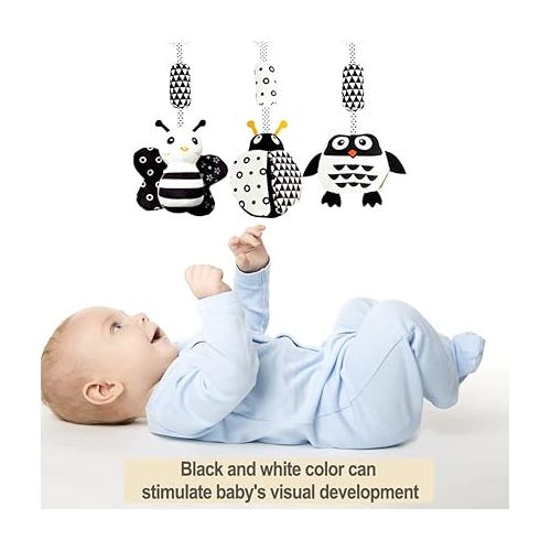  AIPINQI 3 Pack Hanging Rattle Toys,High Contrast Baby Toys and Plush Stroller Toys for Babies 0-18 Months,Newborn Car Seat Toys with Black and White Cartoon Shapes,(Ladybug,Bee & Owl)