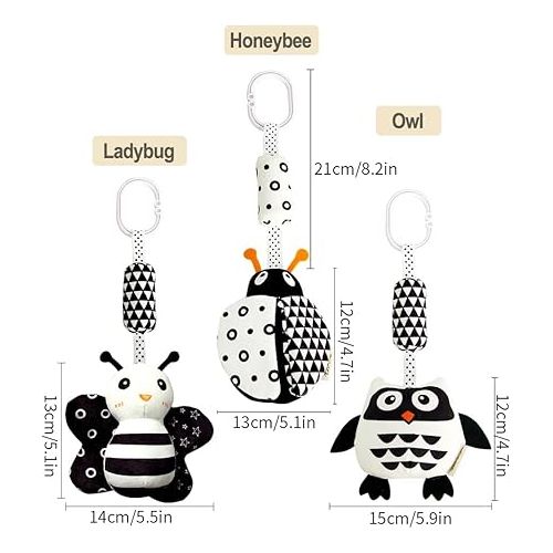  AIPINQI 3 Pack Hanging Rattle Toys,High Contrast Baby Toys and Plush Stroller Toys for Babies 0-18 Months,Newborn Car Seat Toys with Black and White Cartoon Shapes,(Ladybug,Bee & Owl)