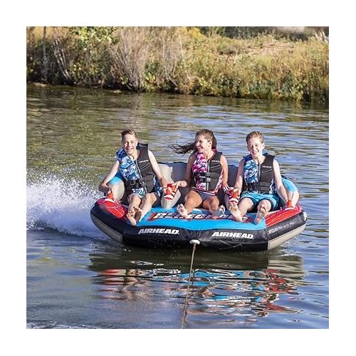  Airhead AHRE-503 Renegade Big 3 Person Inflatable Towable Water Tube Seat Rider Boating Tubing Kit with Boat Pull Rope and Pump for Kids and Adults