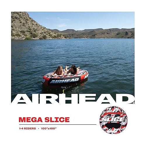  Airhead Mega Slice Towable 1-4 Rider Tube for Boating and Water Sports, Heavy Duty Full Nylon Cover with Zipper, EVA Foam Pads, and Patented Speed Safety Valve for Easy Inflating & Deflating