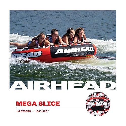  Airhead Mega Slice Towable 1-4 Rider Tube for Boating and Water Sports, Heavy Duty Full Nylon Cover with Zipper, EVA Foam Pads, and Patented Speed Safety Valve for Easy Inflating & Deflating