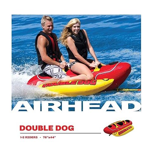  Airhead Double Dog Towable 1-2 Rider Tube for Boating and Water Sports, Double-Stitched Full Nylon Cover, EVA Padding & Padded Handles for Comfort