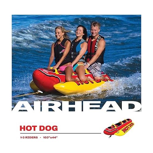  Airhead Hot Dog Towable | Multiple Models, Tube for Boating and Water Sports, Neoprene Seat Pads, Double-Stitched Full Nylon Cover, and Boston Valve for Convenient Inflating & Deflating