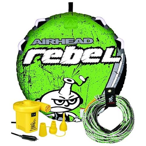  Airhead Rebel Towable Kit 1 Rider Tube with Rope and Pump, Kwik-Connect Tow, Double-Stitched Full Nylon Cover & Speed Safety Valve for Easy Inflating & Deflating