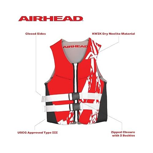  Airhead Swoosh Kwik-Dry Neolite Life Jacket, US Coast Goard Approved Type III Life Jacket, Adult and Youth Sizes