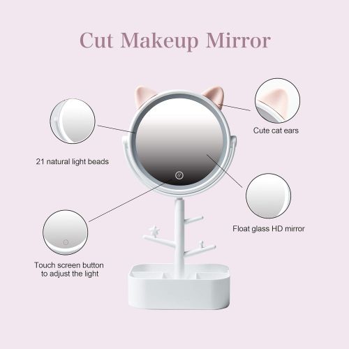  AIRO Vanity Mirror with Lights and Cute Cat Ears Design for Kids and Girls, Cosmetic Mirror with Storage Box and Bracket, USB Cable or Battery Powered Lighted Up Makeup Mirror