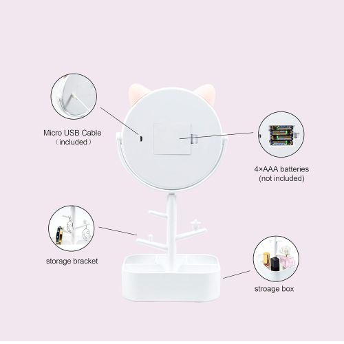  AIRO Vanity Mirror with Lights and Cute Cat Ears Design for Kids and Girls, Cosmetic Mirror with Storage Box and Bracket, USB Cable or Battery Powered Lighted Up Makeup Mirror