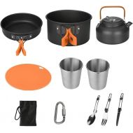 AIROKA 11 Pcs Camping Cookware Set 1-2 Person Aluminum Lightweight Folding Outdoor Cooking Mess Kit Pots Pan with Spork Knife Spoon for Camping Backpacking Outdoor Picnic