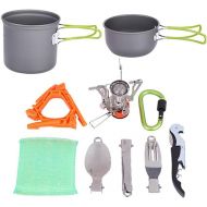 AIROKA 10 Pces Camping Cookware Mess Kit, with Mini Stove Anti-Stick/Slip Pot Stainless Steel Knife Fork Carabiner Gas Tank Bracket for Outdoor Camping Backpacking Picnic and Hikin