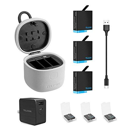  AIROKA TELESIN 3-Pack Batteries and 3-Channels USB Charger for GoPro Hero 8, Hero 7 Black, Hero (2018), Hero 6 and Hero 5 Black with QC 3.0 Adapter, Lithium Battery Protection Box Accesso