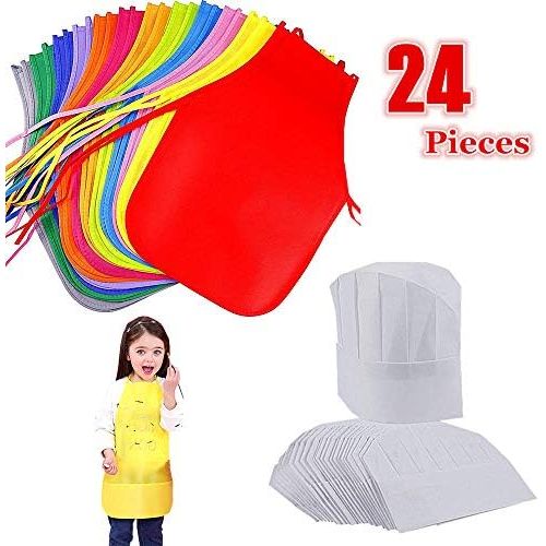  [아마존베스트]AIVS 24 Pieces Children’s Artists Fabric Aprons & Chef Hats for Kitchen, Classroom, Community Event, Crafts and Art Painting Activity,Kids Size(M 2-12 Year)