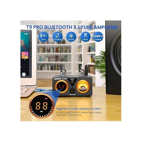  AIYIMA T9 PRO 200W Bluetooth Amplifier HiFi Digital Class D Power Amp 2.0/2.1 Channel Vacuum Tube DAC Amp with VU Meter & Bass Treble Bluetooth 5.1 Coaxial Optical PC-USB inputs