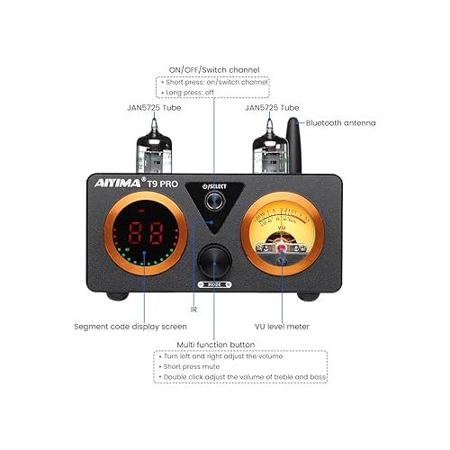  AIYIMA T9 PRO 200W Bluetooth Amplifier HiFi Digital Class D Power Amp 2.0/2.1 Channel Vacuum Tube DAC Amp with VU Meter & Bass Treble Bluetooth 5.1 Coaxial Optical PC-USB inputs