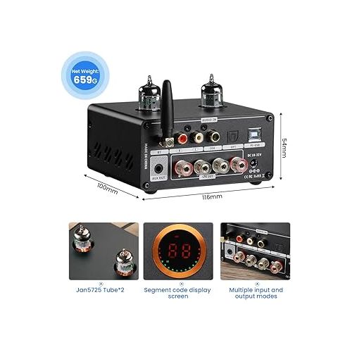  AIYIMA T9 PRO 200W Bluetooth Amplifier HiFi Digital Class D Power Amp 2.0/2.1 Channel Vacuum Tube DAC Amp with VU Meter & Bass Treble Bluetooth 5.1 Coaxial Optical PC-USB inputs