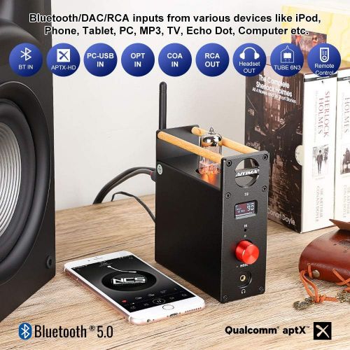  AIYIMA T8 6N3 Digital Tube Preamplifier Bluetooth 5.0 Hi-Fi Headphone Vacuum Tube Preamp for Home Wireless Receiver Audio Decoder Preamp PC-USB DAC APTX + with Remote Control