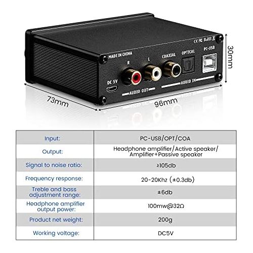  [아마존베스트]AIYIMA DAC-A2 DC5V Mini HiFi Power Audio Decoder PC USB DAC Headphone Amplifier AMP 24-Bit 192kHz Input USB/Coaxial/Optical Decoder Output RCA