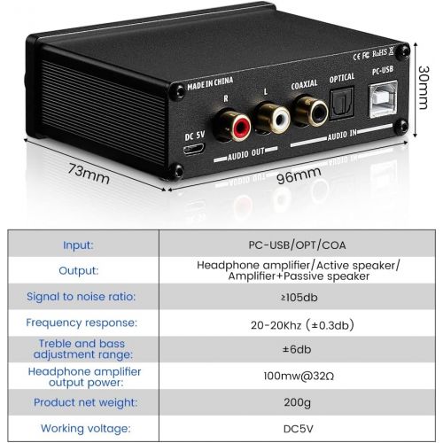  [아마존베스트]AIYIMA DAC-A2 DC5V Mini HiFi Power Audio Decoder PC USB DAC Headphone Amplifier AMP 24-Bit 192kHz Input USB/Coaxial/Optical Decoder Output RCA