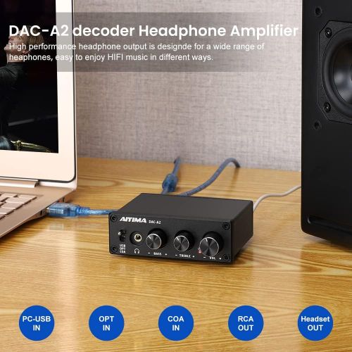  [아마존베스트]AIYIMA DAC-A2 DC5V Mini HiFi Power Audio Decoder PC USB DAC Headphone Amplifier AMP 24-Bit 192kHz Input USB/Coaxial/Optical Decoder Output RCA