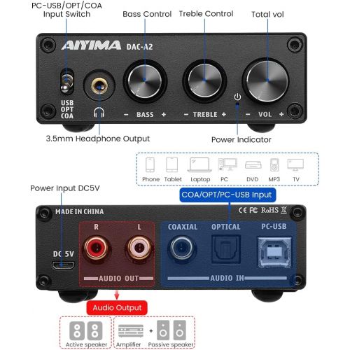  [아마존베스트]AIYIMA DAC-A2 DC5V Mini HiFi Power Audio Decoder PC USB DAC Headphone Amplifier AMP 24-Bit 192kHz Input USB/Coaxial/Optical Decoder Output RCA