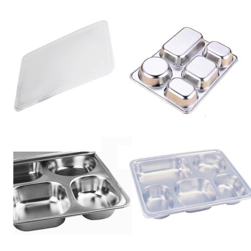  AIYoo 304 Stainless Steel Divided Plates with Lid for Adults Divided Dinner Tray 5 sections Bento Lunch Box Divided Food Containers