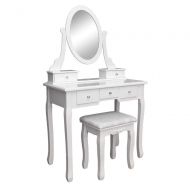 AK Energy White Vanity Table Jewelry Makeup Desk Dresser Rotating Mirror Cushioned Stool 5 Drawer Removable Top