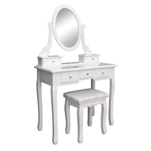  AK Energy White Vanity Table Jewelry Makeup Desk Dresser Rotating Mirror Cushioned Stool 5 Drawer Removable Top