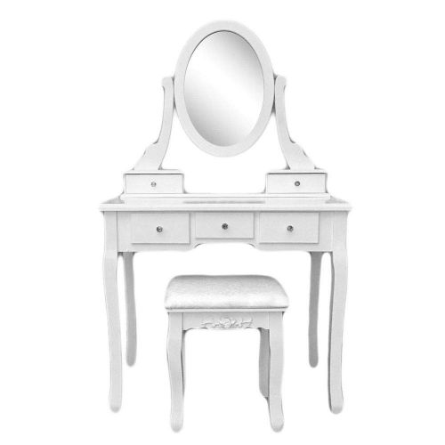  AK Energy White Vanity Table Jewelry Makeup Desk Dresser Rotating Mirror Cushioned Stool 5 Drawer Removable Top