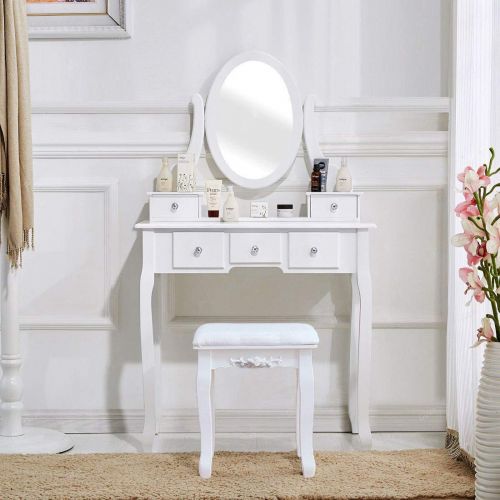  AK Energy White Vanity Table Jewelry Makeup Desk Dresser Rotating Mirror Cushioned Stool 5 Drawer Removable Top