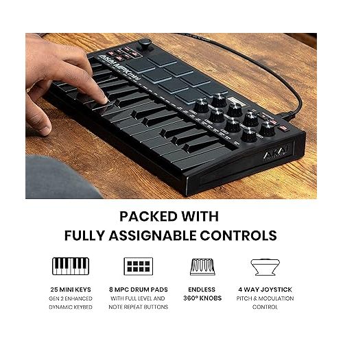  AKAI Professional MPK Mini MK3 - 25 Key USB MIDI Keyboard Controller With 8 Backlit Drum Pads, 8 Knobs and Music Production Software included, Black