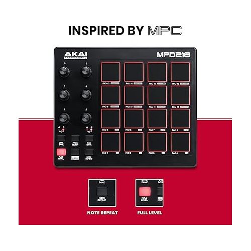  AKAI Professional MPD218 - USB MIDI Controller with 16 MPC Drum Pads, 6 Assignable Knobs, Note Repeat & Full Level Buttons and Production Software