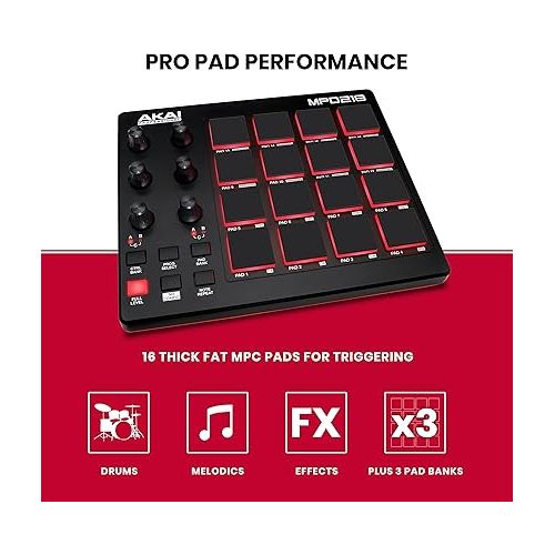  AKAI Professional MPD218 - USB MIDI Controller with 16 MPC Drum Pads, 6 Assignable Knobs, Note Repeat & Full Level Buttons and Production Software