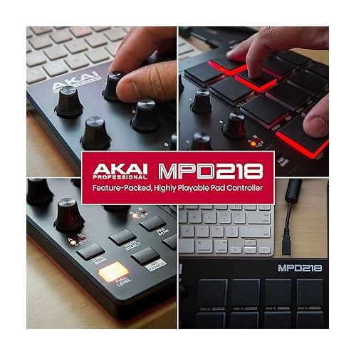  AKAI Professional MPD218 - USB MIDI Controller with 16 MPC Drum Pads, 6 Assignable Knobs, Note Repeat & Full Level Buttons and Production Software